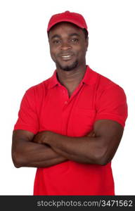 Worker courier with red uniform isolated on a over white background