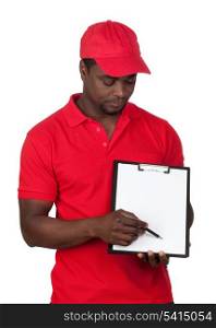 Worker courier with red uniform isolated on a over white background