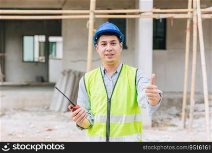 worker foreman home builder hand sign thumbs up for good pass build and safety quality confirm concept.