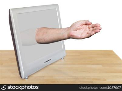 worker hand leads out TV screen isolated on white background