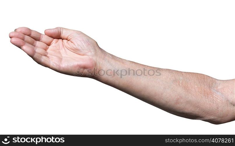 worker hand with by cupped palm - hand gesture isolated on white background