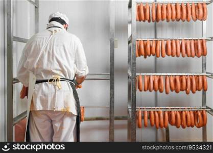 Worker hangs raw sausages on racks in storage room at meat processing factory. High quality photo.. Worker hangs raw sausages on racks in storage room at meat processing factory