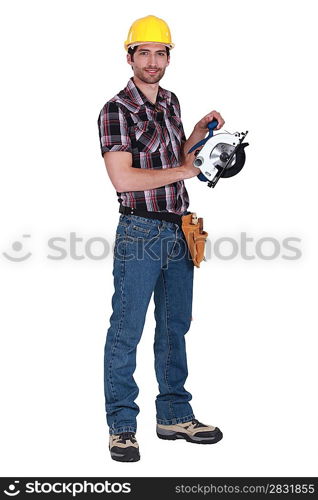 Worker holding circular saw