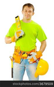 worker in green t-shirt with tools
