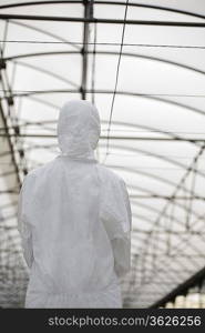 Worker in protective suit in greenhouse, back view