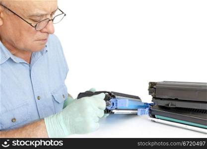 worker Laser printer on a workbench. Printer workshop