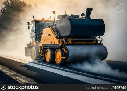 Worker operating asphalt paver machine finisher during road construction and repairing works. Neural network AI generated art. Worker operating asphalt paver machine finisher during road construction and repairing works. Neural network generated art