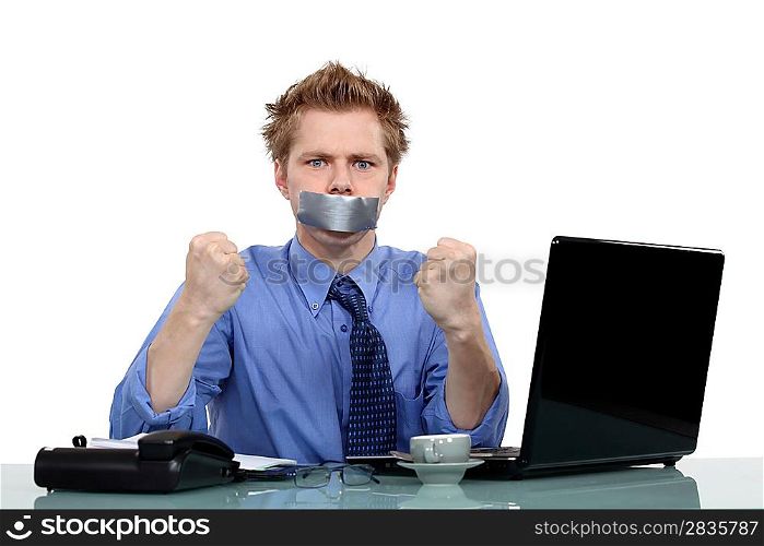 worker with a band on his mouth