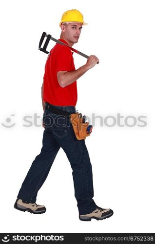 Worker with a clamp