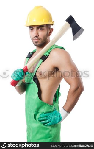 Worker with axe isolated on white