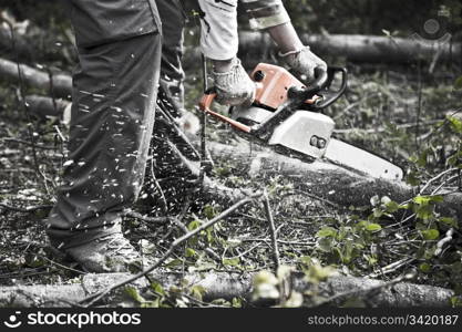 Worker With Chainsaw In Action