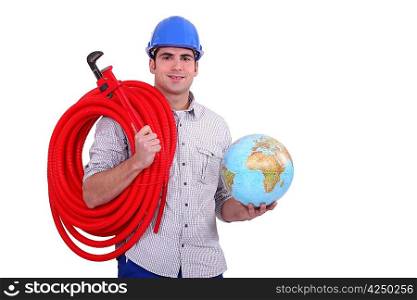 Worker with globe and wrench