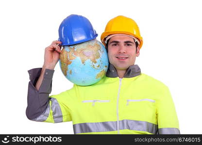 Worker with globe on his shoulder