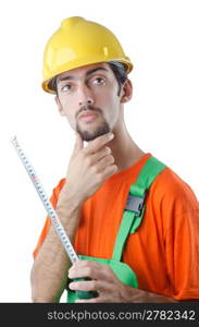 Worker with measuring tape on white