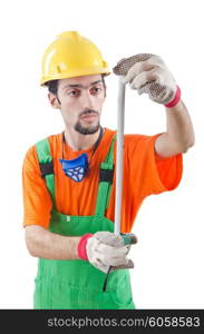 Worker with measuring tape on white