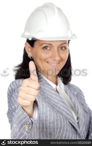 Worker woman with helmet and thumb up - focus in the hand -