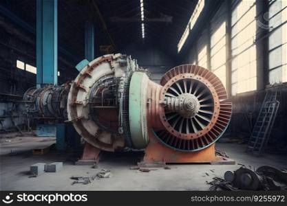 workers assembling and constructing gas turbines in a modern industrial factory. Neural network AI generated art. workers assembling and constructing gas turbines in a modern industrial factory. Neural network AI generated