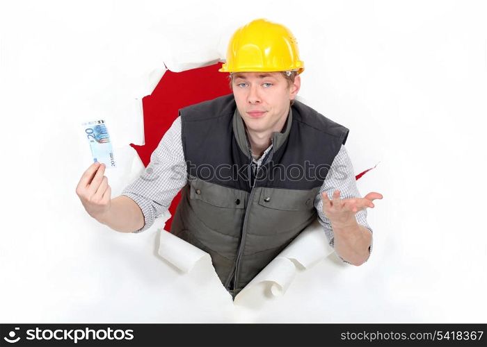 Workers coming out of torn paper hole with ticket in hand
