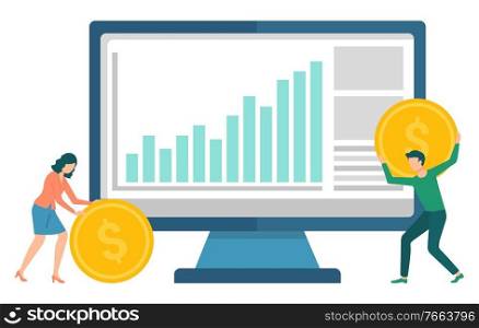 Workers earning money, financial graph report on monitor. Man and woman holding coins, symbol of investment or income, budget and computer vector. Financial Teamwork, Employee and Computer Vector