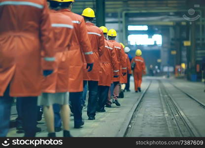 workers helmets at the factory, view from the back, group of workers, change of workers in the factory, people go in helmets and uniforms for an industrial enterprise