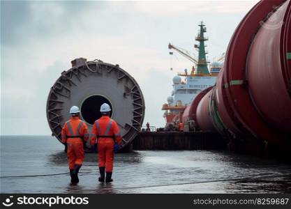 Workers inspecting the undersea gas pipeline  The focus be on the importance of regular maintenance and inspection of the pipeline. Generative AI
