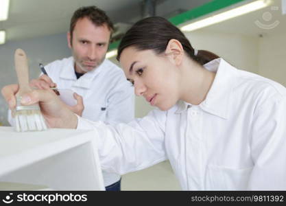 workers varnishing wooden plank with oil