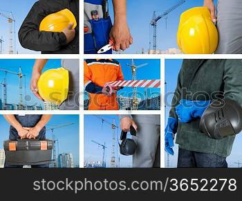 workers with equipment on building background sets