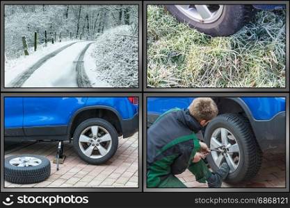 Workflow tire change. Summer tires dismantle winter tires mount. Image divided into 4 working steps.