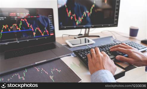Working business man, team of broker or traders talking about forex on multiple computer screens of stock market invest trading financial graph charts data analysis