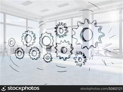 Working business mechanism. Elegant office 3d render interior and gear mechanism concept