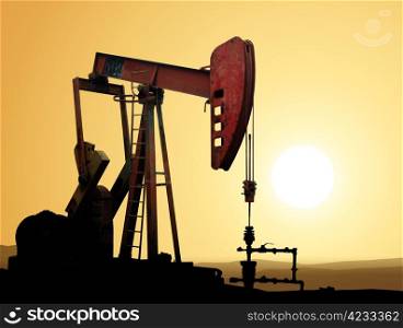 Working oil pump in deserted district at sunset