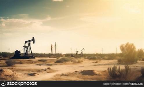 Working oil pumps in desert place. Natural resources industry. Oil rig in du≠s. Ge≠rative AI.. Working oil pumps in desert place. Natural resources industry. Oil rig in du≠s. Ge≠rative AI