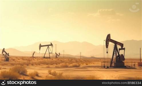 Working oil pumps in desert place. Natural resources industry. Oil rig in dunes. Generative AI.. Working oil pumps in desert place. Natural resources industry. Oil rig in dunes. Generative AI
