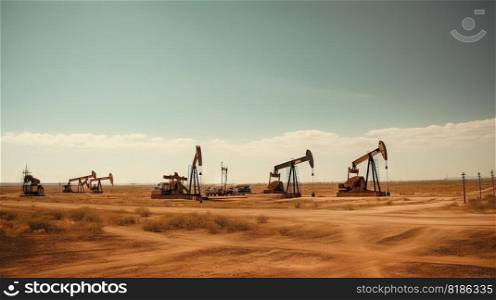 Working oil pumps in desert place. Natural resources industry. Oil rig in dunes. Generative AI.. Working oil pumps in desert place. Natural resources industry. Oil rig in dunes. Generative AI