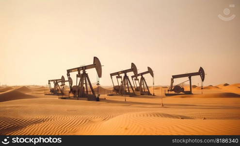 Working oil pumps in desert place. Natural resources industry. Oil rig in dunes. Generative AI.. Working oil pumps in desert place. Natural resources industry. Oil rig in dunes. Generative AI