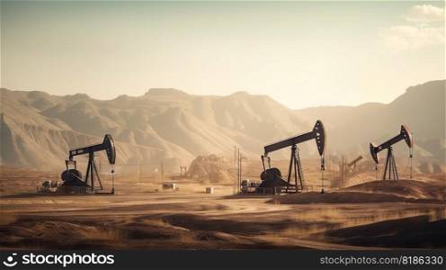 Working oil pumps in mountains. Natural resources industry. Oil rig. Generative AI.. Working oil pumps in mountains. Natural resources industry. Oil rig. Generative AI