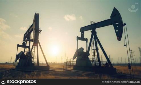 Working oil pumps in mountains. Natural resources industry. Oil rig. Generative AI.. Working oil pumps in mountains. Natural resources industry. Oil rig. Generative AI