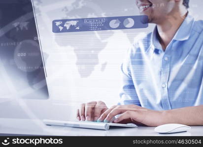 Working on pc. Hands of businessman working with keyboard and mouse