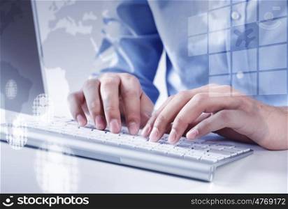 Working on pc . Hands of businessman working with keyboard and mouse