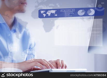 Working on pc. Hands of businessman working with keyboard and mouse