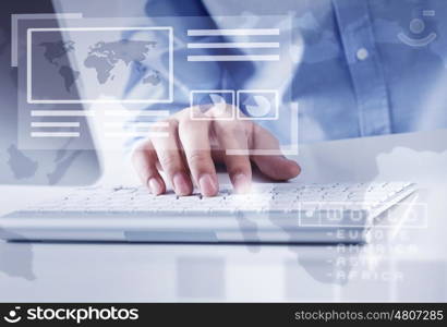 Working on pc . Hands of businessman working with keyboard and mouse