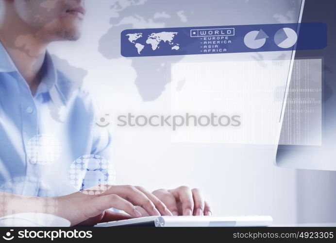 Working on pc. Hands of businessman working with keyboard and mouse