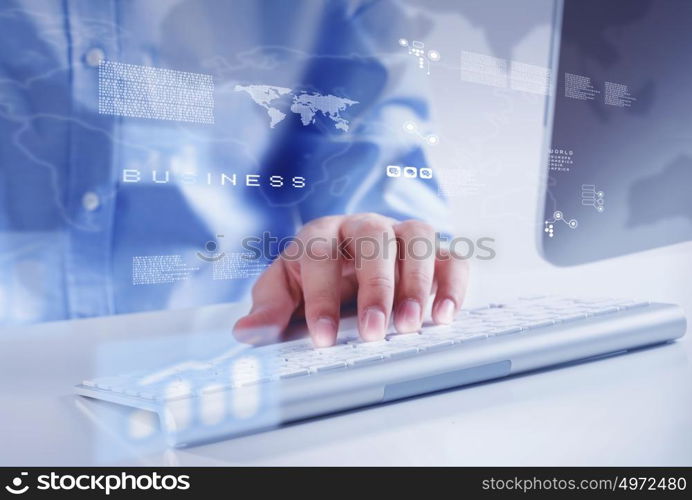 Working on pc. Hands of businessman working with keyboard and mouse