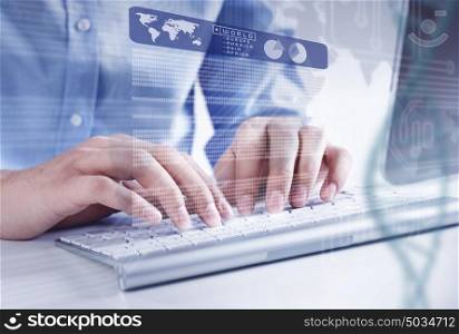 Working on pc. Hands of businessman working with keyboard and mouse