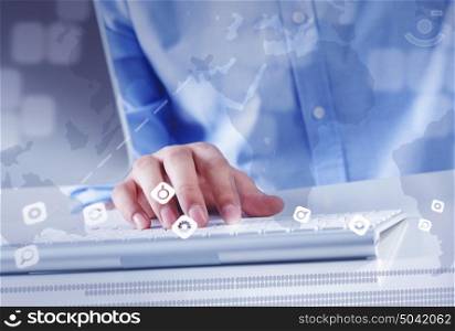 Working on pc . Hands of businessman working with keyboard and mouse