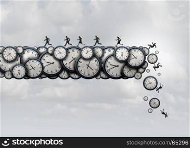 Working overtime health risk and work exhaustion symbol as business people running away from falling clock objects as a corporate stress metaphor with 3D illustration elements.