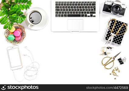 Working place office desk. Coffee and macaroon cookies. Flat lay. Hero header for social media
