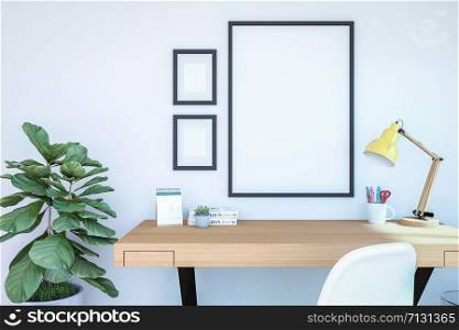 Working room interior with blank photo frame for mock up on wall, 3D Rendering
