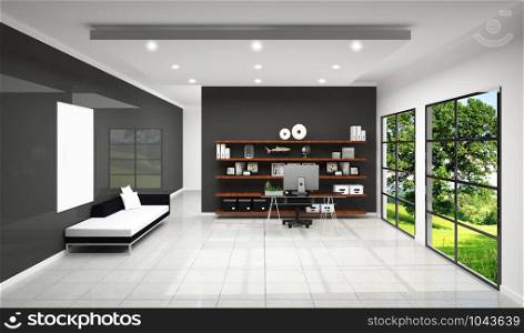 working room with sofa and decoration work room, white tile design and black wall background. 3d rendering