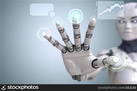 Working with Sci-Fi interface. Robot hand touches Sci-Fi interface